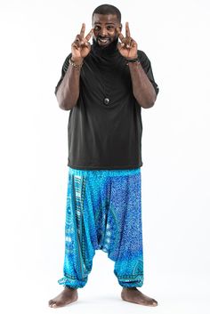 Plus Size Tribal Chakras Drop Crotch Men's Harem Pants in Blue Chakra, Unique Style