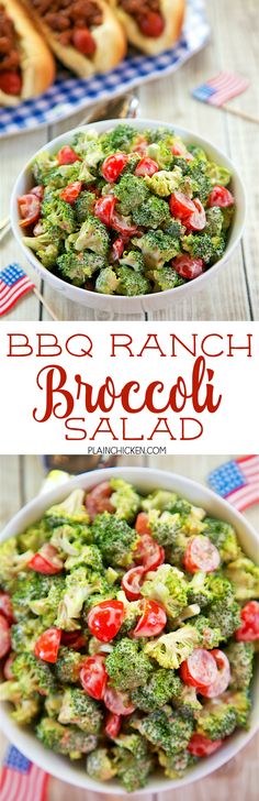 broccoli salad with tomatoes and sausage in a bowl