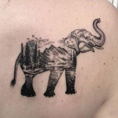 an elephant tattoo on the back of a woman's shoulder