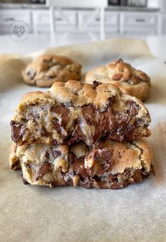 chocolate chip cookies stacked on top of each other