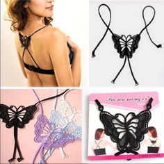 This Cute Black Butterfly Adjuster Can Change Any Bra Into A T-Back, And Adds Style As Well! Brand New Bra Elastic, Butterfly Bra, Lace Butterfly, Flower Cross, Bra Strap, Butterfly Flower, Black Butterfly, Bra Straps, Butterfly Flowers