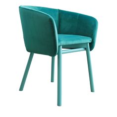 a green chair with wooden legs and a blue seat cushion on the back, sitting in front of a white background