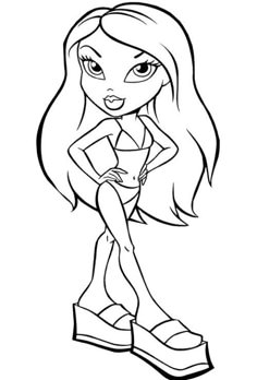 a cartoon girl with long hair and big eyes, standing in front of white background