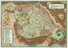 a map of the town of sevenvillee, with several buildings and trees