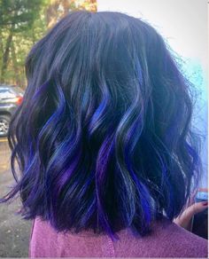 Blue Hair With Purple Tips, Purple Highlights On Dark Hair, Dark Blue With Purple Hair, Dark Blue And Purple Hair Highlights, Pink Purple Blue Hair Highlights Dark Brown, Blue Hair Color Highlights, Dark Blue To Purple Ombre Hair, Peak A Boo Hair