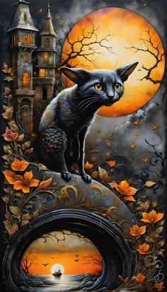 a painting of a black cat sitting on top of a hill with an orange moon in the background