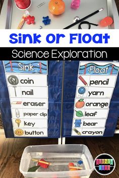 science experiment bins with the words sink or float on them and an image of some sort