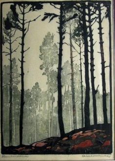 a painting of trees in the woods with rocks and grass on the ground below it