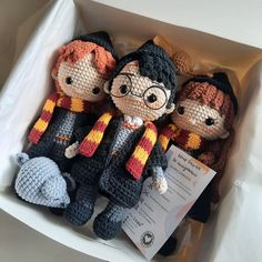 three knitted harry potter dolls sitting in a white box with a tag on it