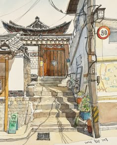 Japan Urban Sketch, Korean Watercolor Art, Korea Watercolor, Urban Sketching Watercolors, Korea Sketch, Art Of Korea, Urban Drawing, Architecture Watercolor, Japan Watercolor