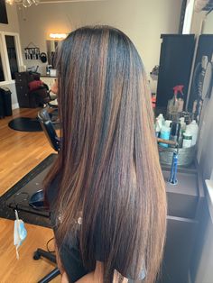 Silk Press With Brown Highlights, Brown Streaks In Black Hair Black Women, Leave Out With Brown Highlights, Light Brown On Dark Brown Hair, Highlights Black Hair Black Women, Brown Streaks In Black Hair, Silk Press Highlights, Highlights For Dark Skin, Silk Press With Highlights