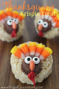 rice krispie treats decorated like turkeys with the words, thanksgiving krispie treats