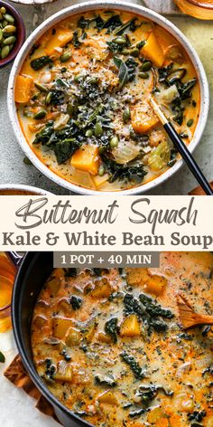 butternut squash kale and white bean soup in a bowl