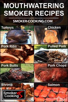 an advertisement for smoker cooking shows the different types of meats and other foods