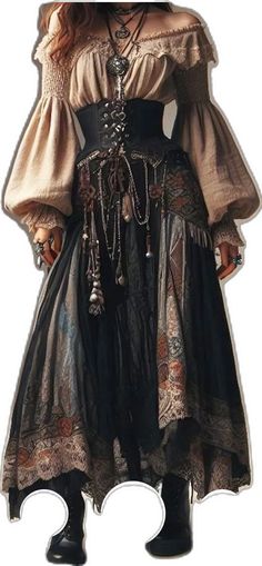 Victorian Boho Fashion, Gypsiesoul Fashion Outfits, Celtic Ren Faire Costume, Fantasy Fashion Aesthetic, Midevil Outfits Female, Romani Outfit, Fantasy Aesthetic Outfits, Modern Medieval Fashion, Gypsycore Fashion