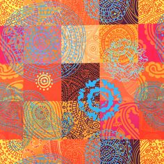 an abstract painting with many different colors and patterns on it, including circles and spirals