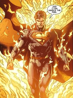 a man in a superman suit flying through the air with his cape open and flames behind him