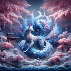 a painting of a blue and white unicorn in the middle of trees with pink flowers