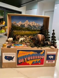 a cardboard box with an image of the united states on it and other items inside