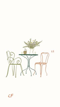 two chairs and a table with flowers on it in front of a white background that says,