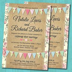 two vintage style wedding cards with bunting flags and flowers on the front, one is brown