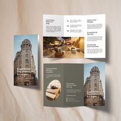 three fold brochure design for an apartment building in the united kingdom, designed to look like a hotel