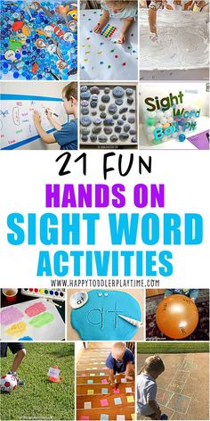 the words on sight word activities are shown in this collage with images of children playing and