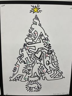 a drawing of a christmas tree made with black and white marker pens on paper,