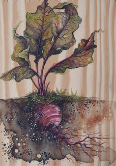 a painting of a radish plant with roots in it's center, on top of a piece of wood