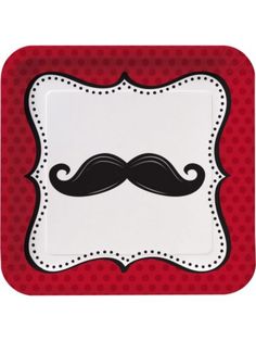 a red and white square with a mustache on it