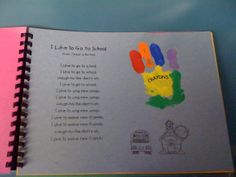 an open book with handprints on it and the words i like to go to school