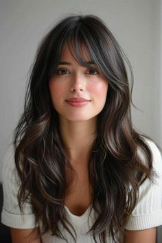 Layers Hair Cuts For Women, Medium Hair With Layers And Face Framing Bangs, Haircuts For Long Hair With Bangs And Layers, Brunette Hair With Bangs Long, Low Maintenance Curtain Bangs Long Hair, Long Brown Hair With Bangs Round Face, Long Hair Cuts With Layers Round Face, Face Framing Curtain Bangs Wavy Hair, 2024 Side Bangs