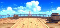 a wooden deck with barrels on it and blue sky in the backgroung