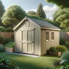 a painting of a garden shed in the middle of a yard with trees and bushes around it