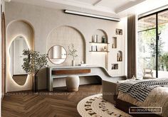 a bedroom with wood flooring and white walls is pictured in this image, there are mirrors on the wall