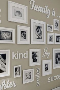 a wall with many pictures and words on it that say love, family is kind of joy