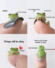 the frog is sitting on top of someone's finger and holding it in its mouth