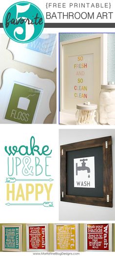 bathroom art is featured in this collage with the words, wash and be happy