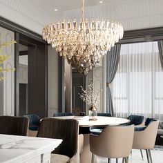 an elegant dining room with chandelier and chairs