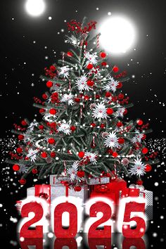 a red and white christmas tree with the numbers 205 on it in front of a black background