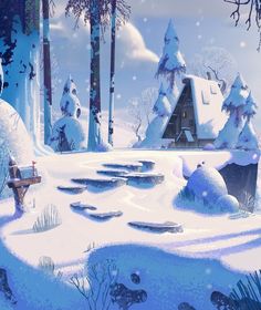 there is a snowman sitting on a bench in front of a snowy landscape with houses and trees