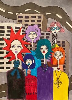 a painting of people with different colored hair