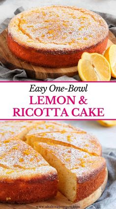 lemon and ricotta cake on a wooden cutting board