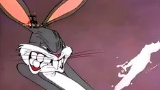 an animated rabbit with its mouth open in front of a white cat and purple background