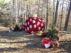 a red and white polka dot covered object in the woods