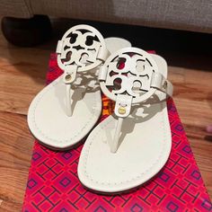 Brand New Tory Burch Miller Sandals White Leather Size 8 Tory Burch Espadrilles, Tory Burch Flip Flops, Rope Sandals, Tory Burch Miller Sandals, Miller Sandal, Tory Burch Sandals, Embroidered Leather, Sandals White, Tory Burch Miller