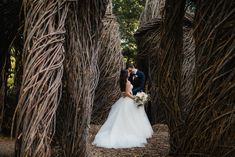 a bride and groom standing in the middle of an area made out of trees with branches