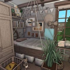 a room with a bed and shelves filled with stuff next to a potted plant