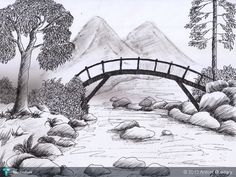 a black and white drawing of a bridge over a river with mountains in the background