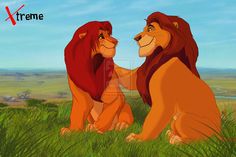 the lion king and his cub are sitting in the grass with their hands on each other